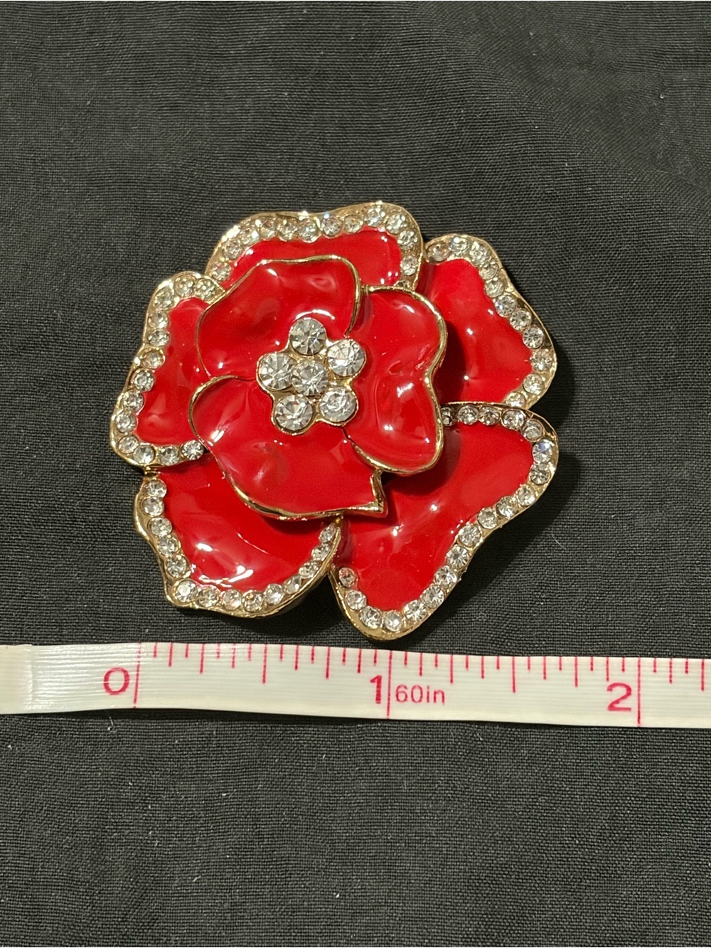 Red Enamel Floral Brooch with Crystal Accents - Picture 5 of 6